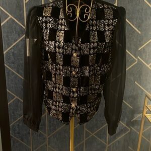 Vintage R&K Evening Gold and Silver Button-Up Blouse with Sheer Sleeves